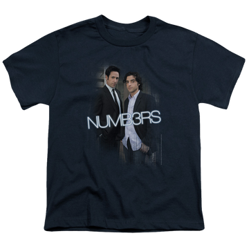 Navy youth t-shirt for ages 8 to 12 with Numbers Don & Charlie graphic
