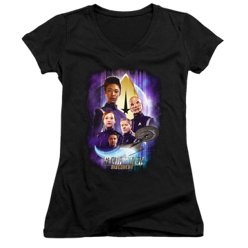 Black juniors v-neck t-shirt with Star Trek Discovery Discoverys Finest graphic