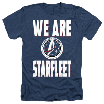 Navy men's heather t-shirt with Star Trek Discovery We Are Starfleet graphic