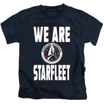 Navy kid's t-shirt for ages 4 to 7 with Star Trek Discovery We Are Starfleet graphic