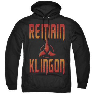 Black pullover hoodie with Star Trek Discovery Remain Klingon graphic