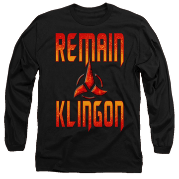 Black men's long sleeve t-shirt with Star Trek Discovery Remain Klingon graphic