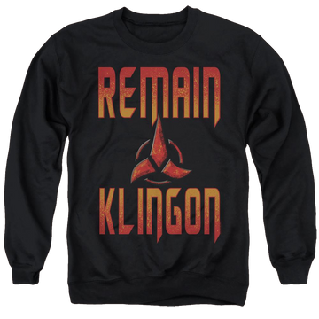 Black men's crewneck sweatshirt with Star Trek Discovery Remain Klingon graphic