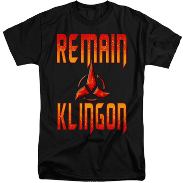 Black men's tall fit t-shirt with Star Trek Discovery Remain Klingon graphic