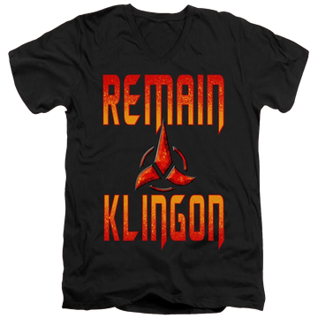 Black men's v-neck t-shirt with Star Trek Discovery Remain Klingon graphic