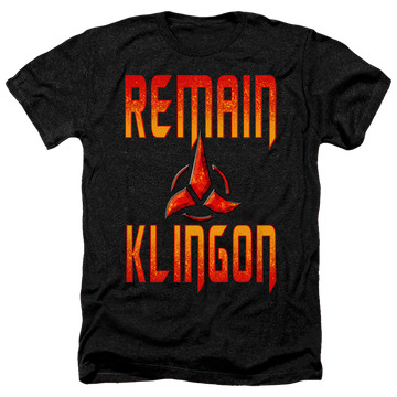 Charcoal men's heather t-shirt with Star Trek Discovery Remain Klingon graphic
