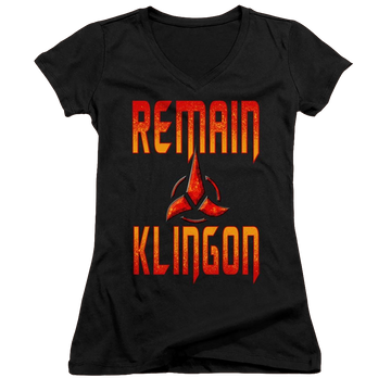 Black juniors v-neck t-shirt with Star Trek Discovery Remain Klingon graphic