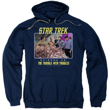 Navy pullover hoodie with Star Trek The Trouble With Tribbles graphic