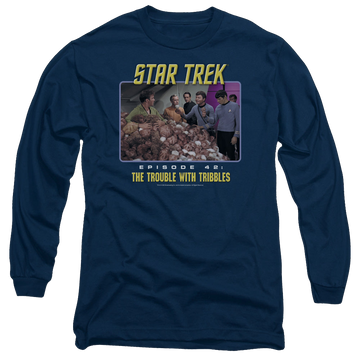 Navy men's long sleeve t-shirt with Star Trek Original Series The Trouble With Tribbles graphic