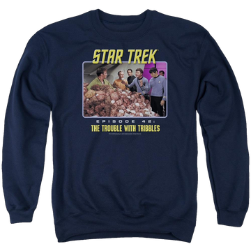 Navy men's crewneck sweatshirt with Star Trek The Trouble With Tribbles graphic
