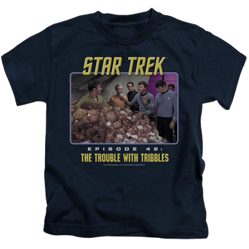 Navy kid's t-shirt for ages 4 to 7 with Star Trek The Original Series The Trouble With Tribbles graphic