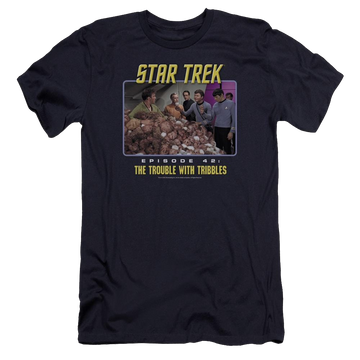 Navy men's premium slim fit t-shirt with Star Trek The Trouble With Tribbles graphic