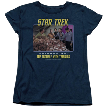 Navy women's t-shirt with Star Trek The Trouble With Tribbles graphic