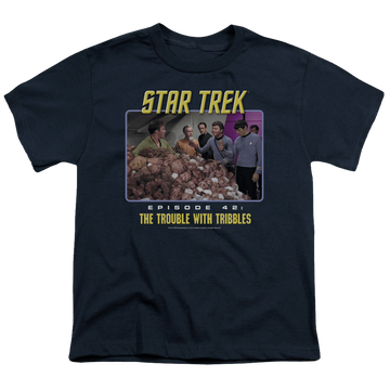 Navy youth t-shirt for ages 8 to 12 with Star Trek The Original Series The Trouble With Tribbles graphic