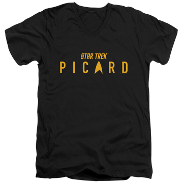 Black men's v-neck t-shirt with Star Trek Picard Logo graphic