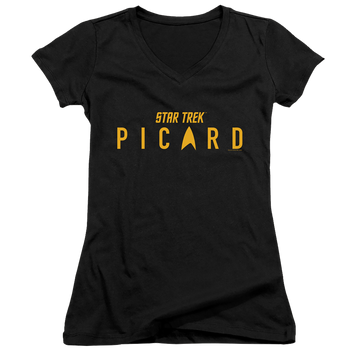Black juniors v-neck t-shirt with Star Trek Picard Logo graphic