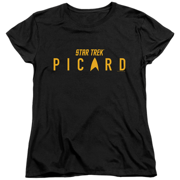Black women's t-shirt with Star Trek Picard Logo graphic