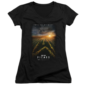 Black juniors v-neck t-shirt with Star Trek Picard Poster graphic