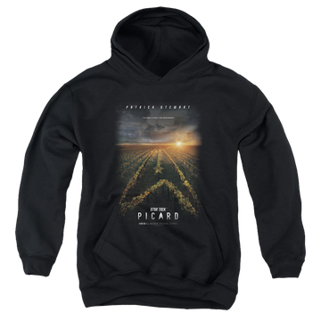 Black youth hoodie for ages 8 to 12 with Star Trek Picard Poster graphic