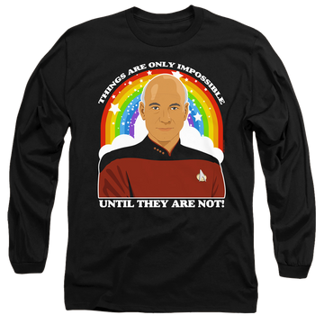 Black men's long sleeve t-shirt with Star Trek The Next Generation Impossible graphic