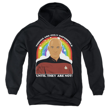 Black youth hoodie for ages 8 to 12 with Star Trek The Next Generation Impossible graphic