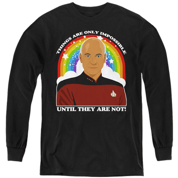 Black youth long sleeve t-shirt with Star Trek The Next Generation Impossible graphic