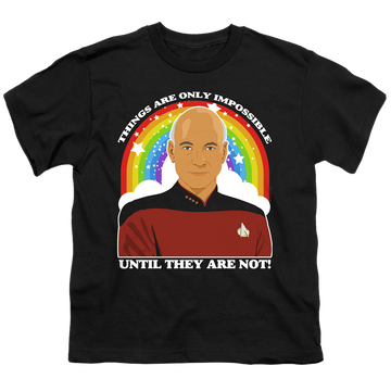 Black youth t-shirt for ages 8 to 12 with Star Trek The Next Generation Impossible graphic
