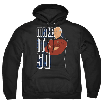 Black pullover hoodie with Star Trek The Next Generation Make It So graphic