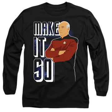Black men's long sleeve t-shirt with Star Trek The Next Generation Make It So graphic