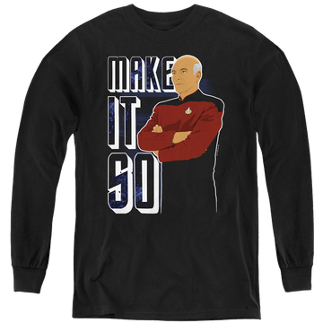 Black youth long sleeve t-shirt with Star Trek The Next Generation Make It So graphic