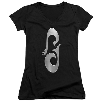 Black juniors v-neck t-shirt with Star Trek Picard La Sirena Metal Icon graphic
