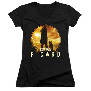 Black juniors v-neck t-shirt with Star Trek Picard A Man And His Dog graphic