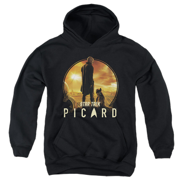 Black youth hoodie for ages 8 to 12 with Star Trek Picard A Man And His Dog graphic