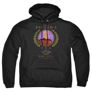 Black pullover hoodie with Star Trek The Next Generation Tea Earl Grey Hot graphic