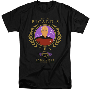 Black men's tall fit t-shirt with Star Trek The Next Generation Tea Earl Grey Hot graphic
