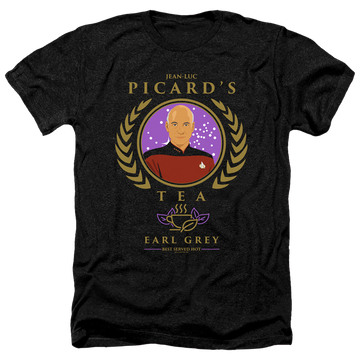 Charcoal men's heather t-shirt with Star Trek The Next Generation Tea Earl Grey Hot graphic
