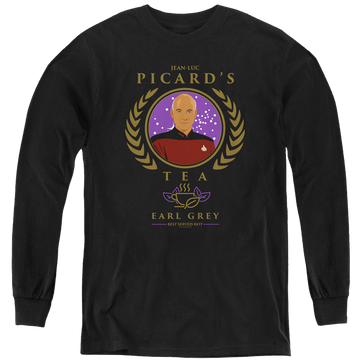 Black youth long sleeve t-shirt with Star Trek The Next Generation Tea Earl Grey Hot graphic