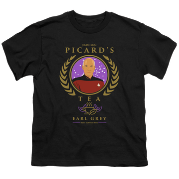 Black youth t-shirt for ages 8 to 12 with Star Trek The Next Generation Tea Earl Grey Hot graphic
