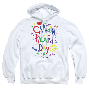 White pullover hoodie with Star Trek The Next Generation Picard Day graphic