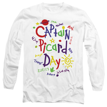 White men's long sleeve t-shirt with Star Trek The Next Generation Picard Day graphic
