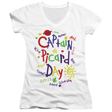 White juniors v-neck t-shirt with Star Trek The Next Generation Picard Day graphic