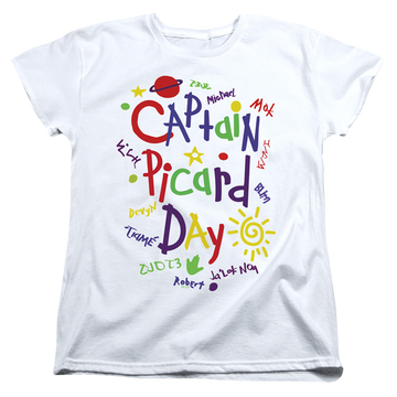 White women's t-shirt with Star Trek The Next Generation Picard Day graphic