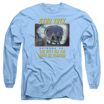 Carolina blue men's long sleeve t-shirt with Star Trek Edge Of Forever graphic
