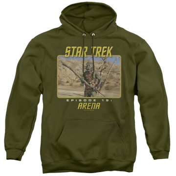 Military green pullover hoodie with Star Trek The Original Series Arena graphic