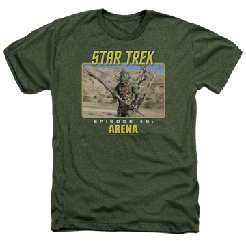 Military green men's heather t-shirt with Star Trek Arena graphic