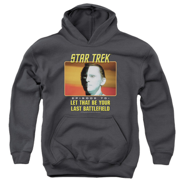 Charcoal youth hoodie for ages 8 to 12 with Star Trek The Original Series Last Battlefield graphic