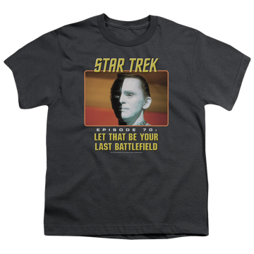 Charcoal youth t-shirt for ages 8 to 12 with Star Trek The Original Series Last Battlefield graphic