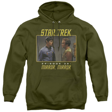 Military green pullover hoodie with Star Trek The Original Series Mirror Mirror graphic