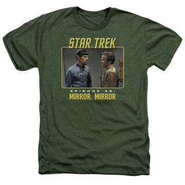 Military green men's heather t-shirt with Star Trek Mirror graphic