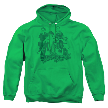 Kelly green pullover hoodie with Little Rascals The Gang graphic